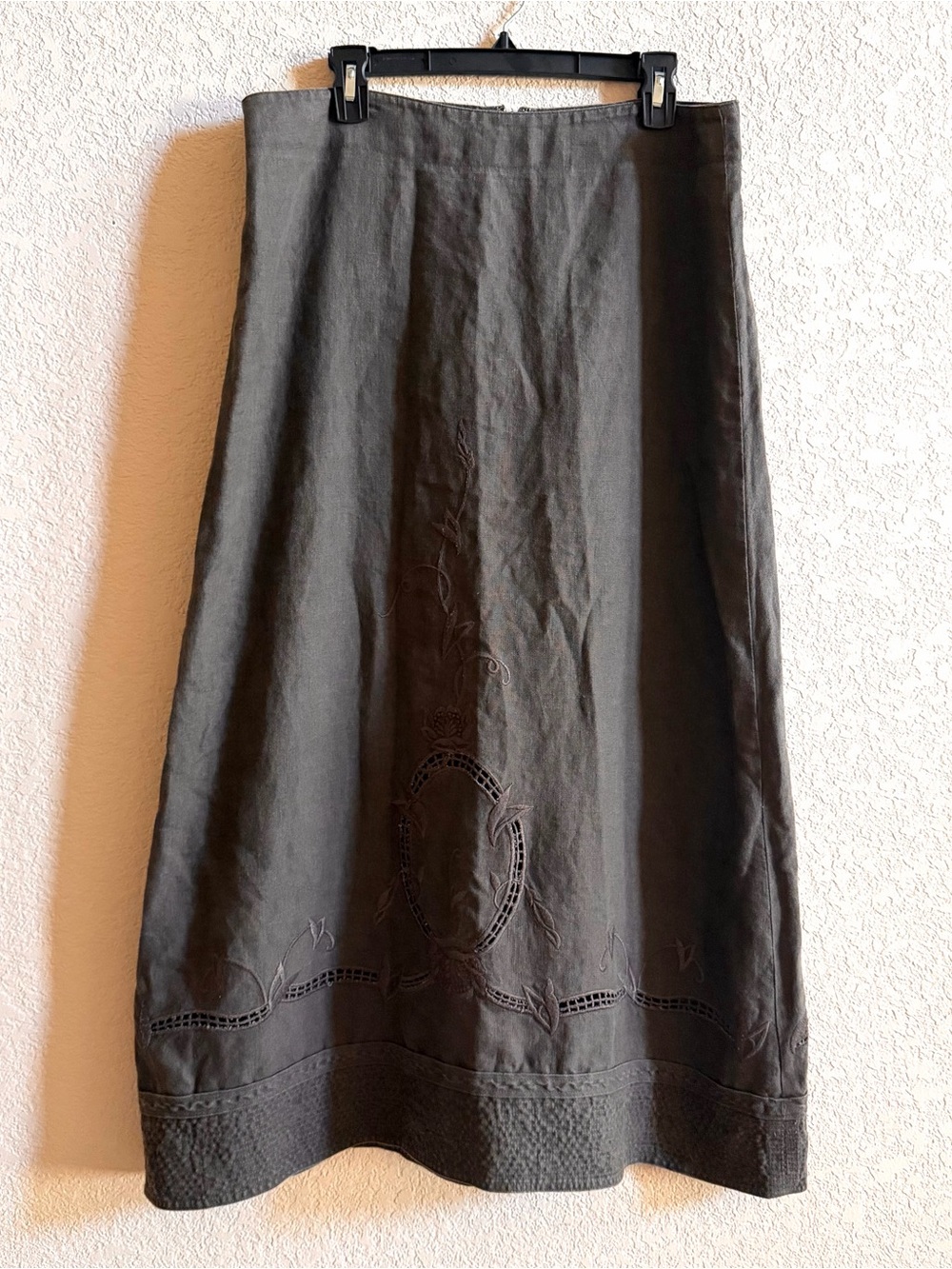 Cabi Maxi Skirt Size 10 Taupe Brown 100% Linen Embroidered Lagenlook Goblincore